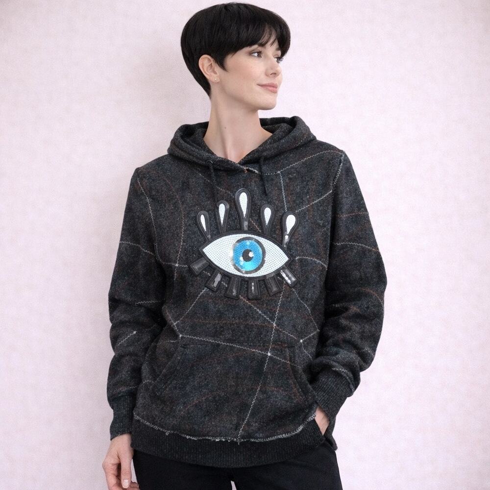 OOAK Upcycled Reworked Black Sequin Patch Eye Bee Franken Hoodie Sweatshirt S/M